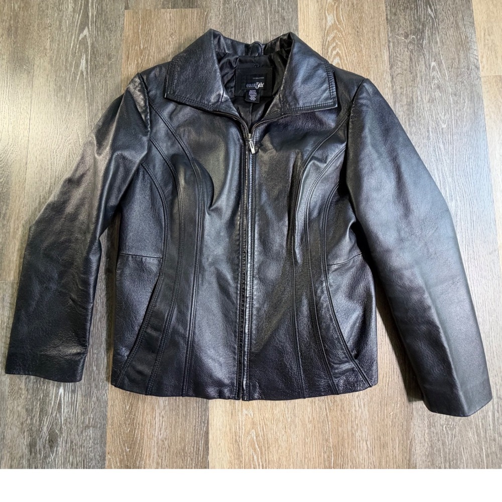 East 5th Leather Jacket Womens PL Black Zip Up Collared Moto Coat